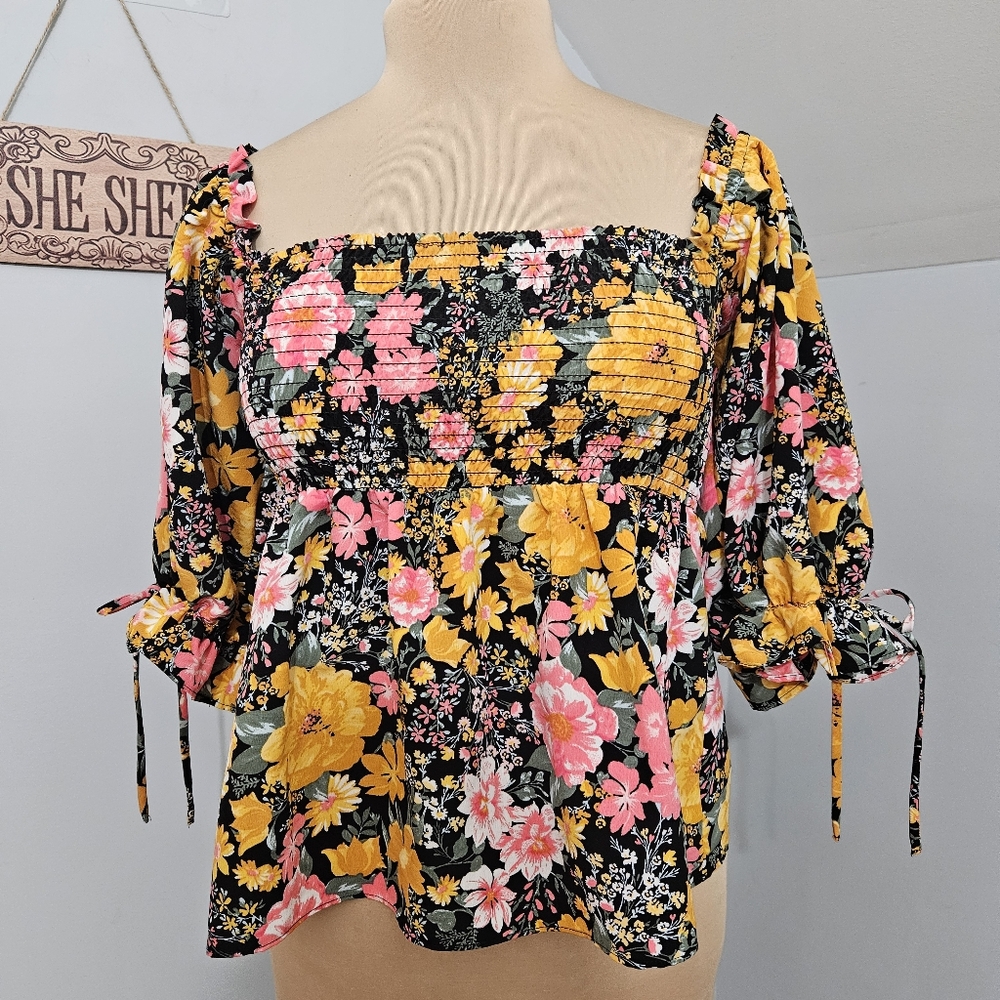 Twine & String Smocked Floral Square Neck Blouse Cottagegore Mori Girl Small Y2K